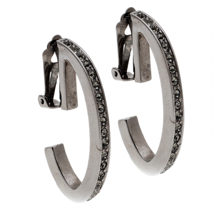Pre Owned Dior Silver Tone Crystal Studded Hoop Clip On Earrings