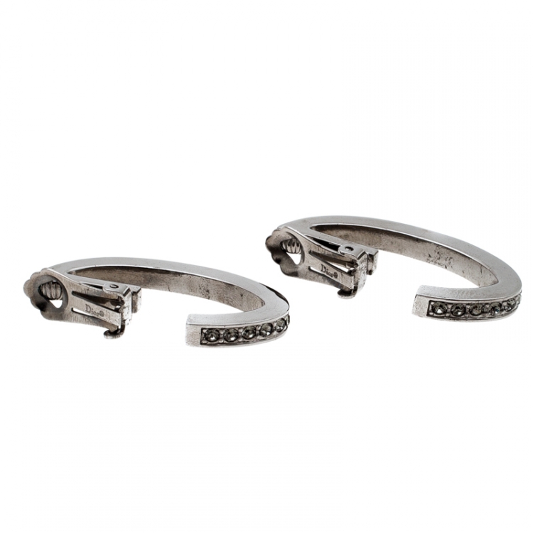 Pre Owned Dior Silver Tone Crystal Studded Hoop Clip On Earrings