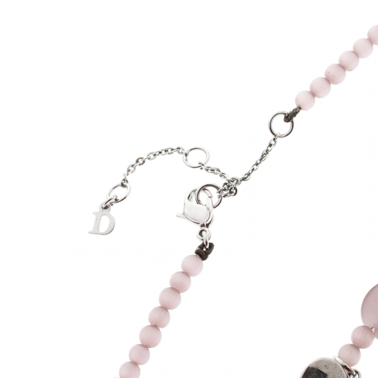 Pre Owned Dior Lavender Bead Layered Silver Tone Heart Charms Necklace