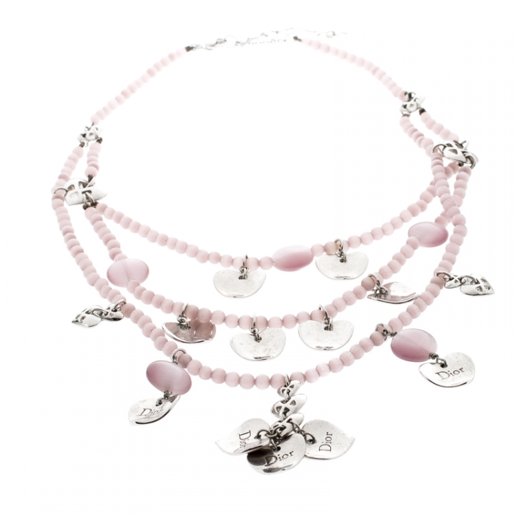 Pre Owned Dior Lavender Bead Layered Silver Tone Heart Charms Necklace