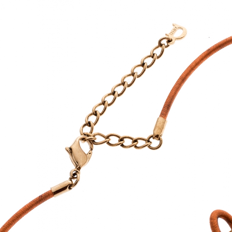 Pre Owned Dior Orange Cord CD Charm Gold Tone Bow Choker Necklace