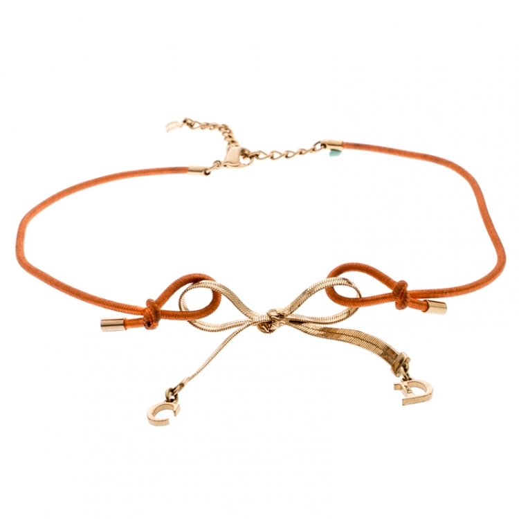 Pre Owned Dior Orange Cord CD Charm Gold Tone Bow Choker Necklace