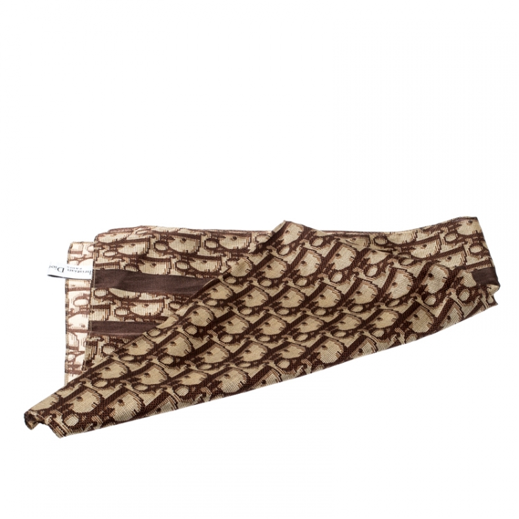 مملوكة مسبقًا Dior Vintage Brown Logo Printed Silk and Cotton Trotter Square Scarf