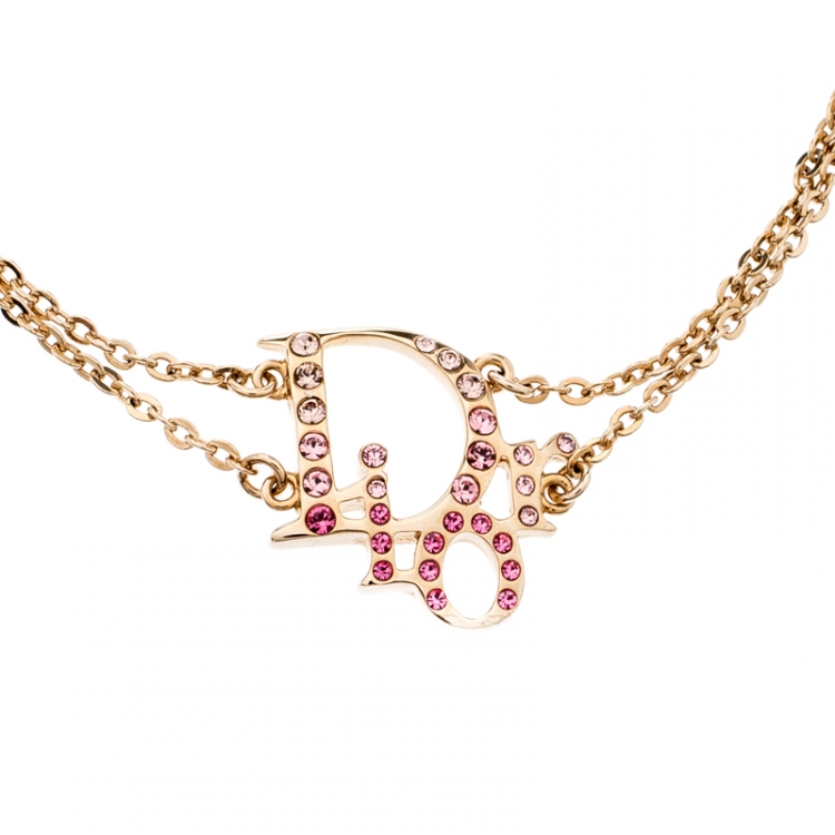 Pre Owned Dior Oblique Crystal Gold Tone Bracelet 19 cm