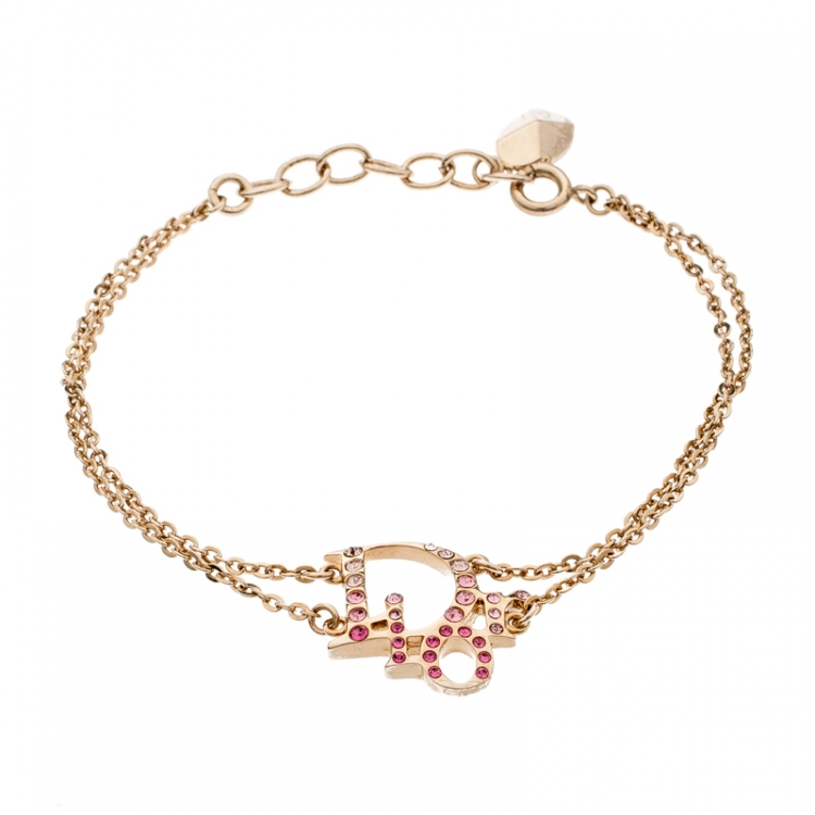 Pre Owned Dior Oblique Crystal Gold Tone Bracelet 19 cm