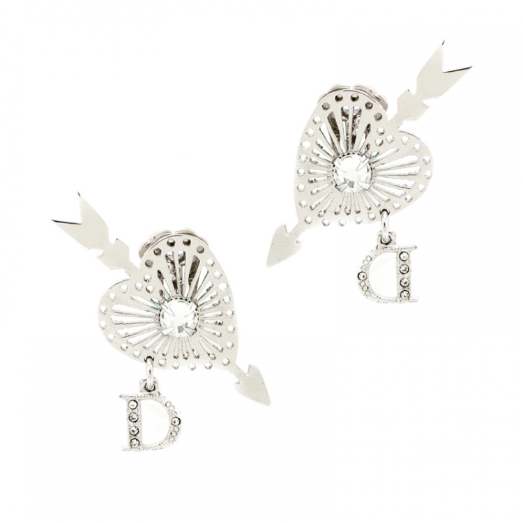 Pre Owned Dior Heart and Arrow Crystal Silver Tone Clip-on Drop Earrings