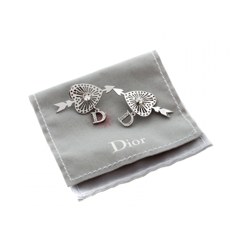 Pre Owned Dior Heart and Arrow Crystal Silver Tone Clip-on Drop Earrings