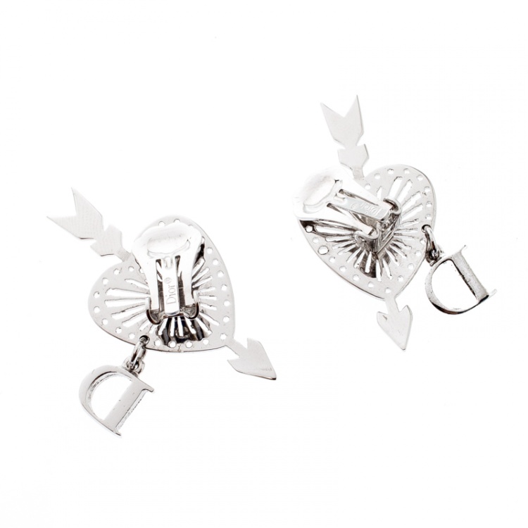 Pre Owned Dior Heart and Arrow Crystal Silver Tone Clip-on Drop Earrings
