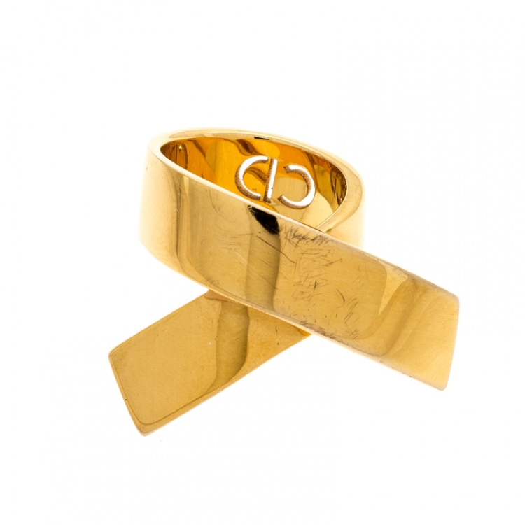 Pre Owned Dior Ribbon Wrap Gold Tone Band Ring Size 56