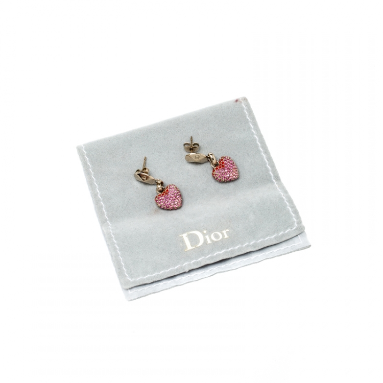 Pre Owned Dior Shaded Pink Crystal Gold Tone Heart Drop Earrings
