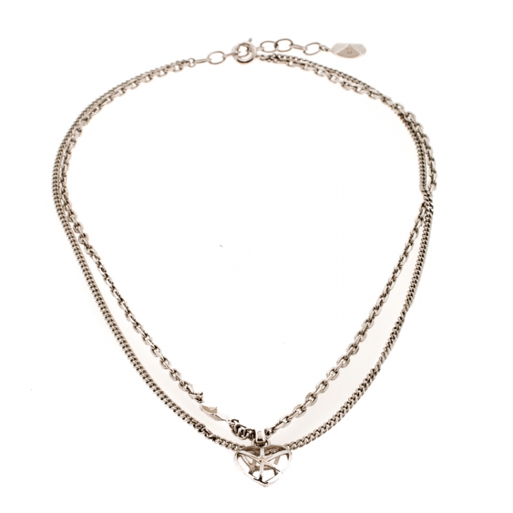 Pre Owned Dior Heart Silver Tone Multi Chain Pendant Necklace
