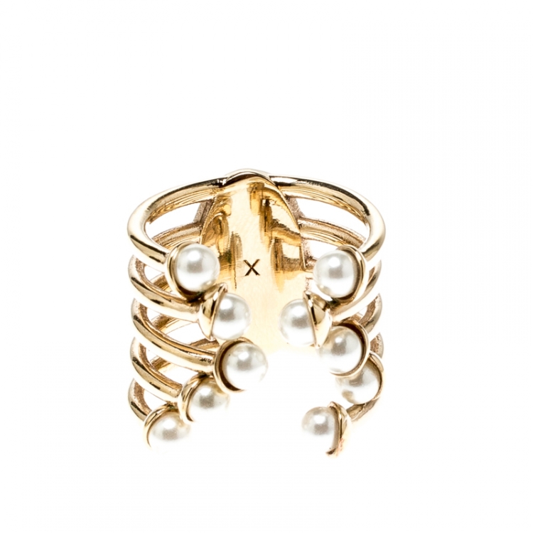 Pre Owned Dior Faux Pearl Gold Tone Open Ring Size 54.5