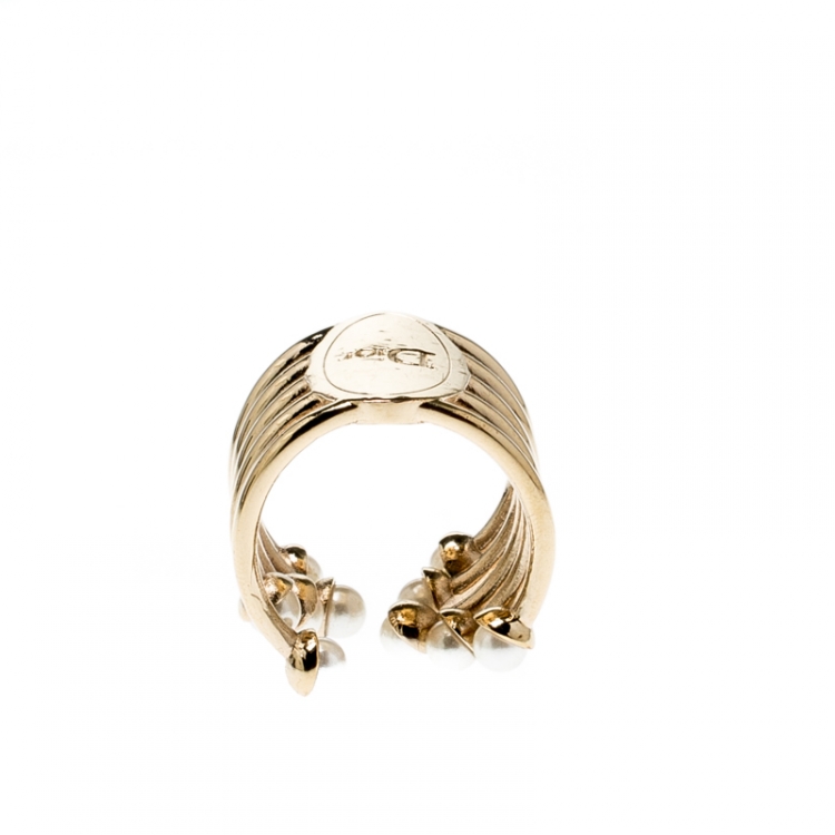 Pre Owned Dior Faux Pearl Gold Tone Open Ring Size 54.5