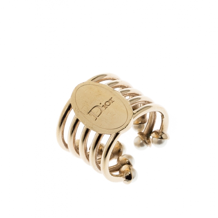 Pre Owned Dior Faux Pearl Gold Tone Open Ring Size 54.5