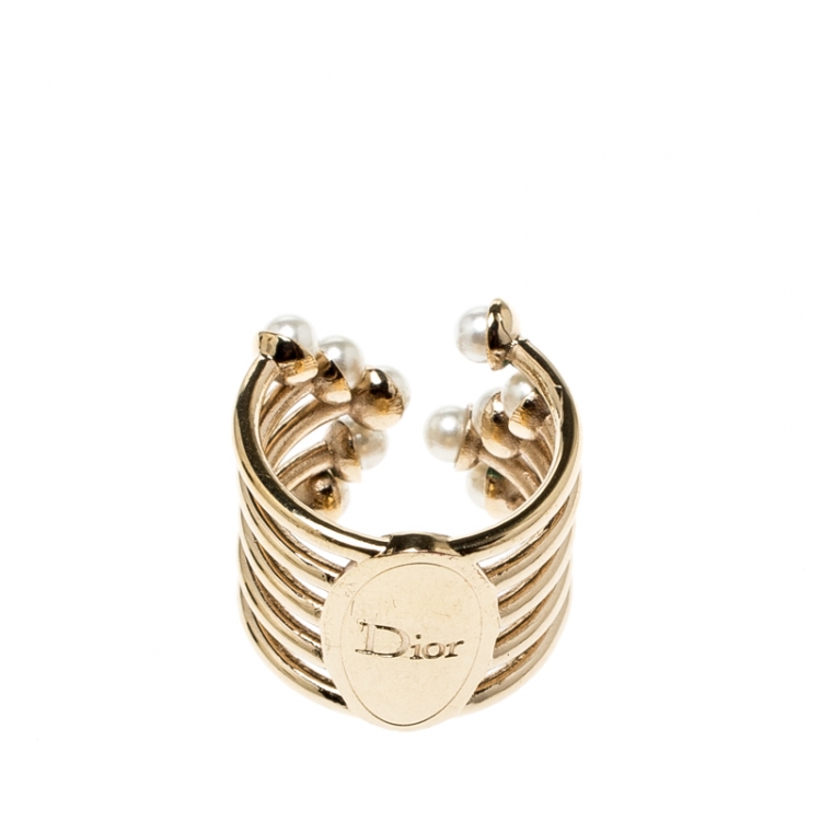 Pre Owned Dior Faux Pearl Gold Tone Open Ring Size 54.5