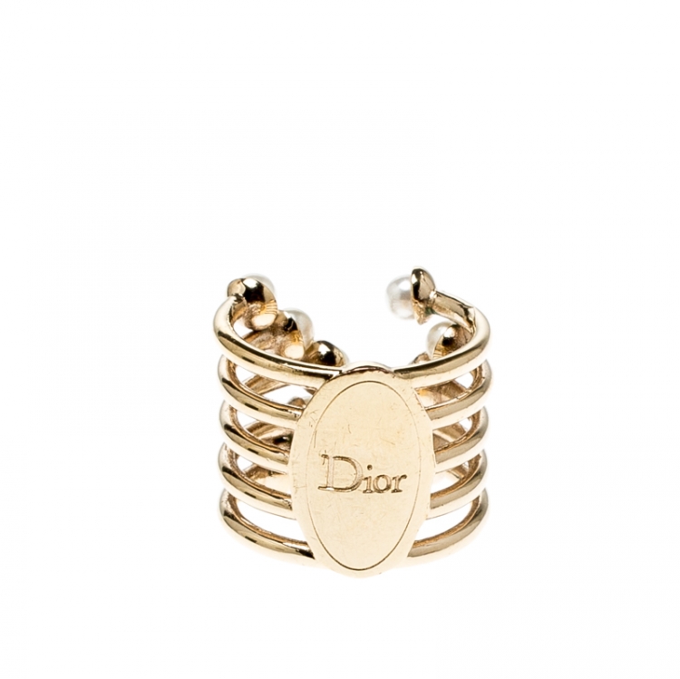 Pre Owned Dior Faux Pearl Gold Tone Open Ring Size 54.5