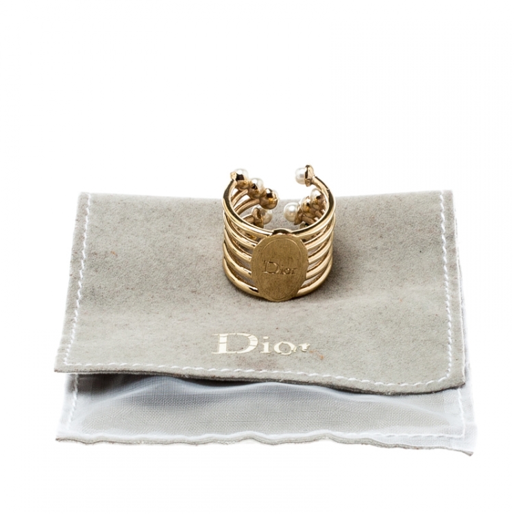 Pre Owned Dior Faux Pearl Gold Tone Open Ring Size 54.5