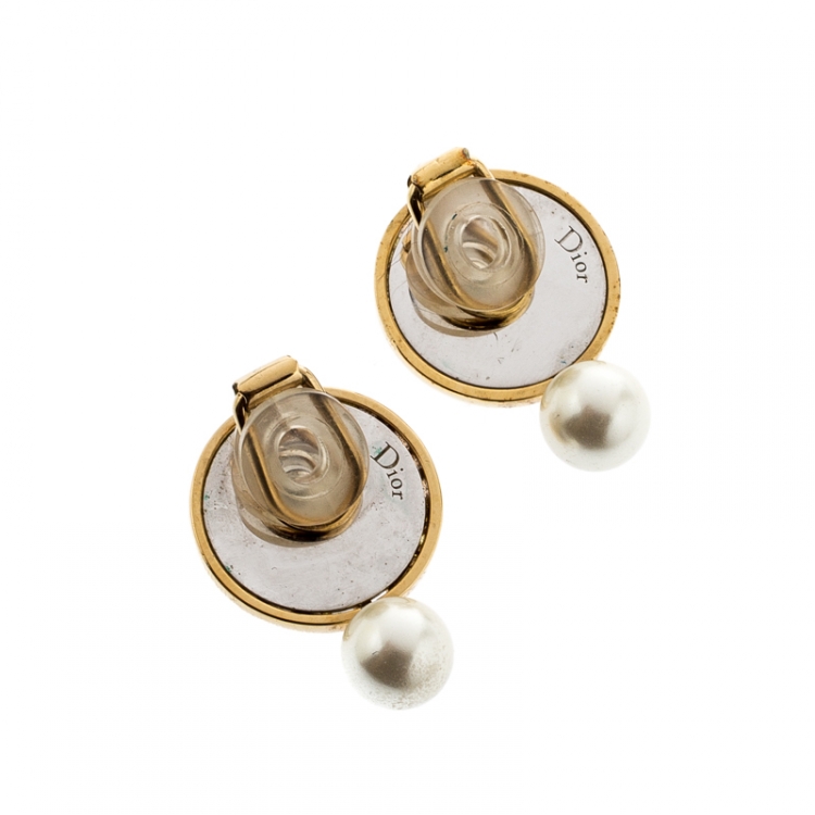 Pre Owned Dior Cannage Faux Pearl Gold Tone Clip-on Stud Earrings