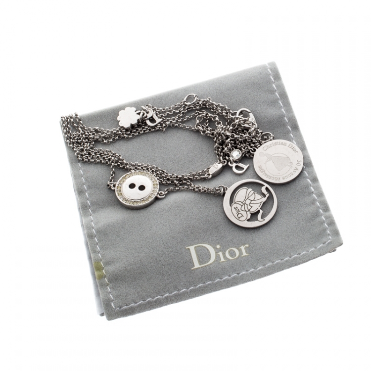 Pre Owned Dior Bow Button Charm Crystal Silver Tone Layered Necklace 