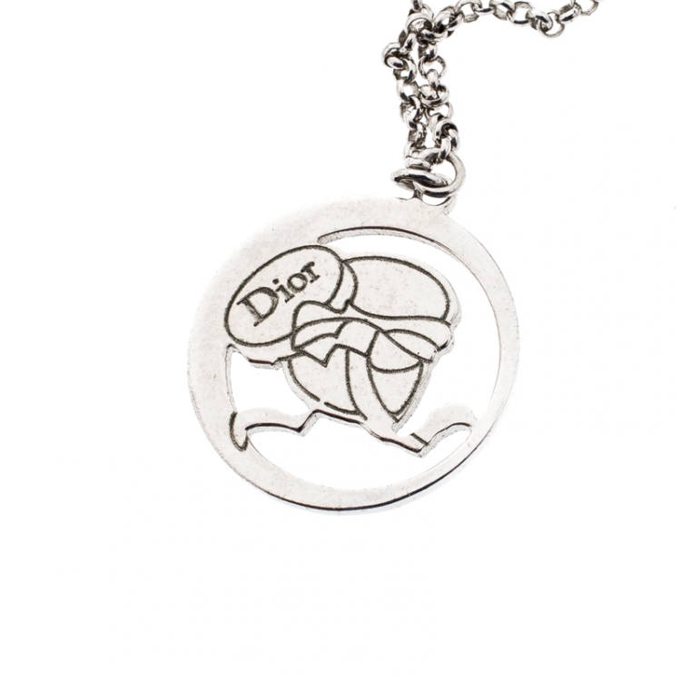 Pre Owned Dior Bow Button Charm Crystal Silver Tone Layered Necklace 