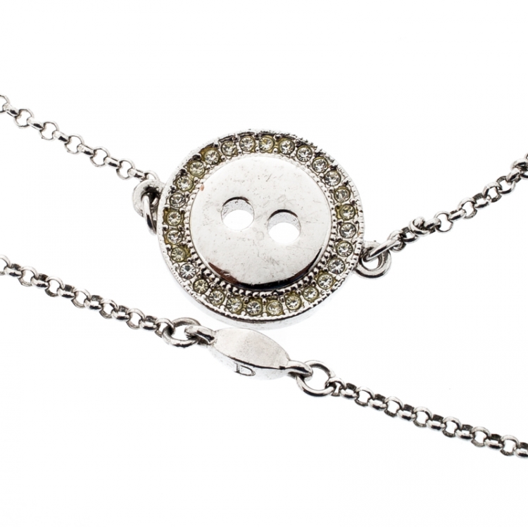 Pre Owned Dior Bow Button Charm Crystal Silver Tone Layered Necklace 