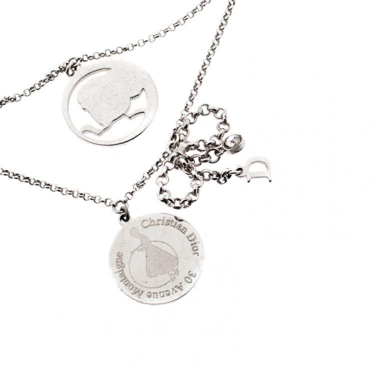 Pre Owned Dior Bow Button Charm Crystal Silver Tone Layered Necklace 