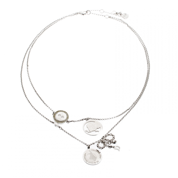 Pre Owned Dior Bow Button Charm Crystal Silver Tone Layered Necklace 