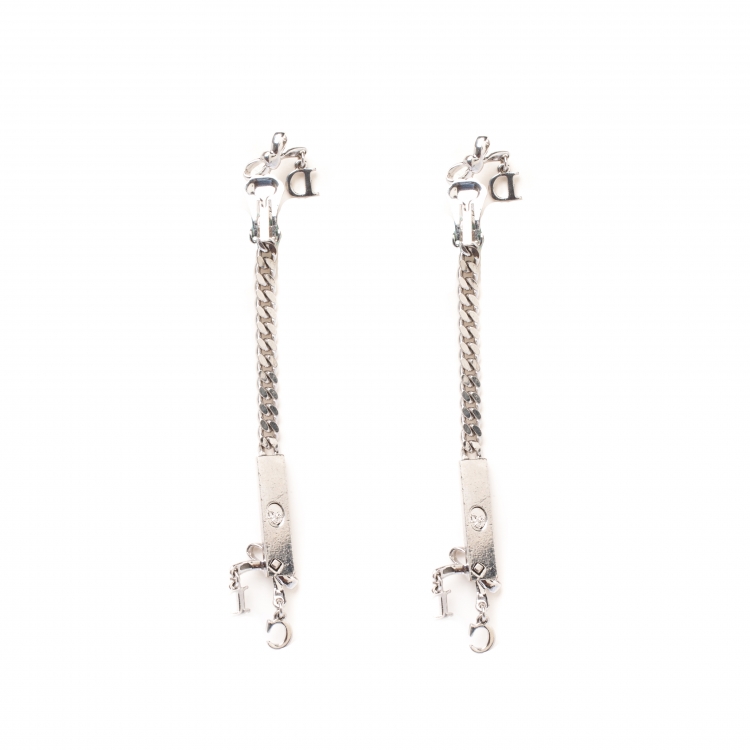 Pre Owned Dior Bow Chain Tag Silver Tone Clip-on Dangle Earrings