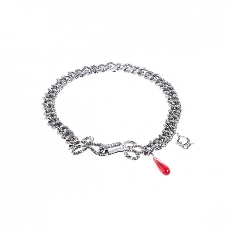 Pre Owned Dior Crystal Studded Gunmetal Tone Chain Link Choker Necklace