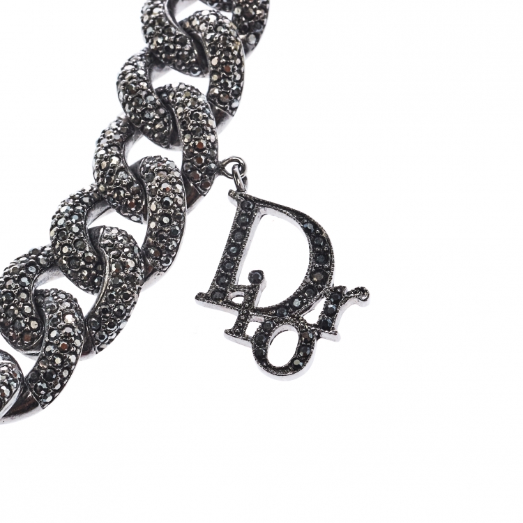 Pre Owned Dior Crystal Studded Gunmetal Tone Chain Link Choker Necklace