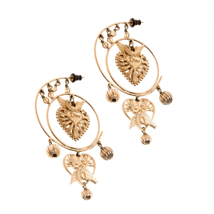Pre Owned Dior Heart Wings Filigree Gold Tone Long Dangle Earrings