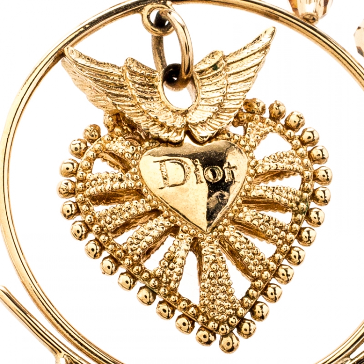 Pre Owned Dior Heart Wings Filigree Gold Tone Long Dangle Earrings