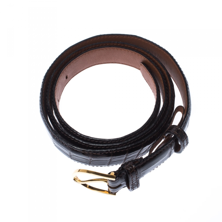 Pre Owned Dior Dark Brown Alligator Leather Buckle Belt 95 CM