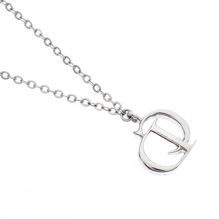 Pre Owned Dior Crystal Accented CD Silver Tone Necklace
