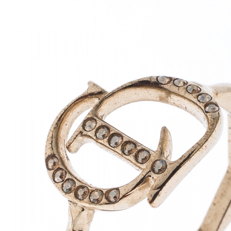 Pre Owned Dior Gold Tone Crystal Embedded Logo Ring Size 55