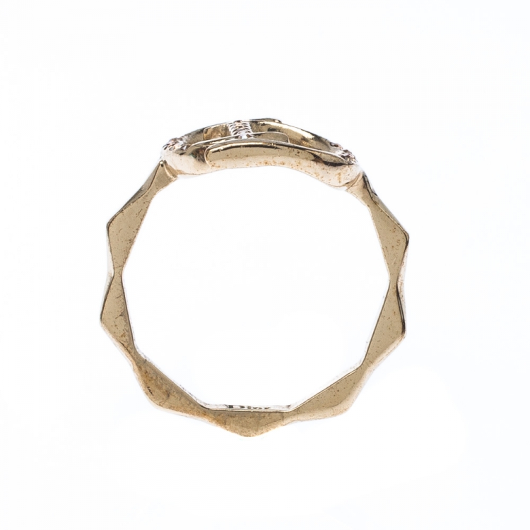 Pre Owned Dior Gold Tone Crystal Embedded Logo Ring Size 55