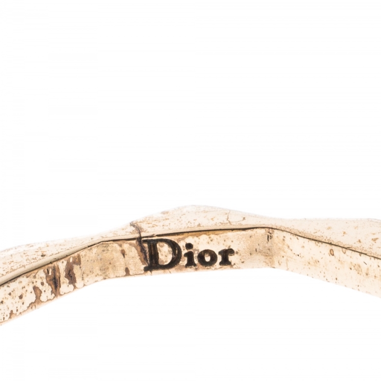 Pre Owned Dior Gold Tone Crystal Embedded Logo Ring Size 55