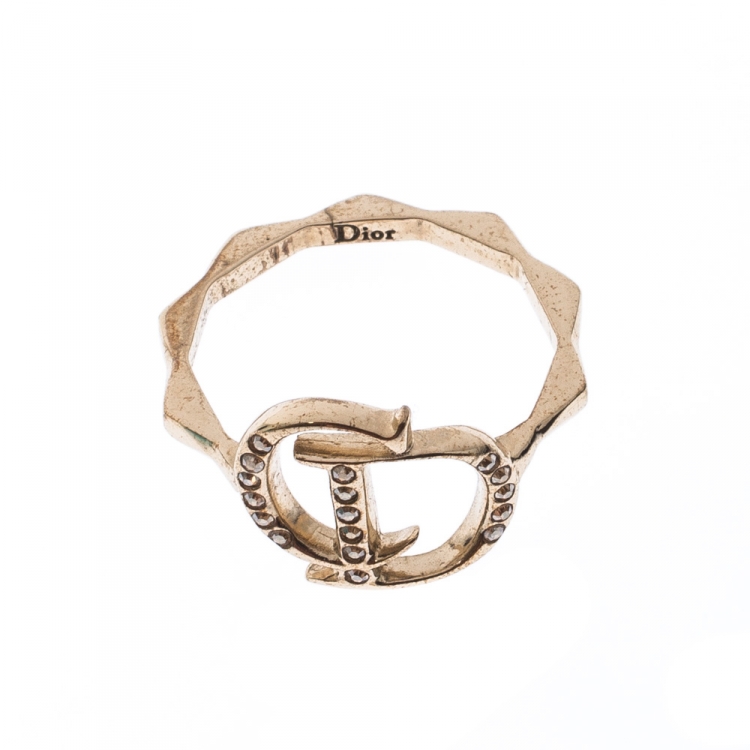 Pre Owned Dior Gold Tone Crystal Embedded Logo Ring Size 55