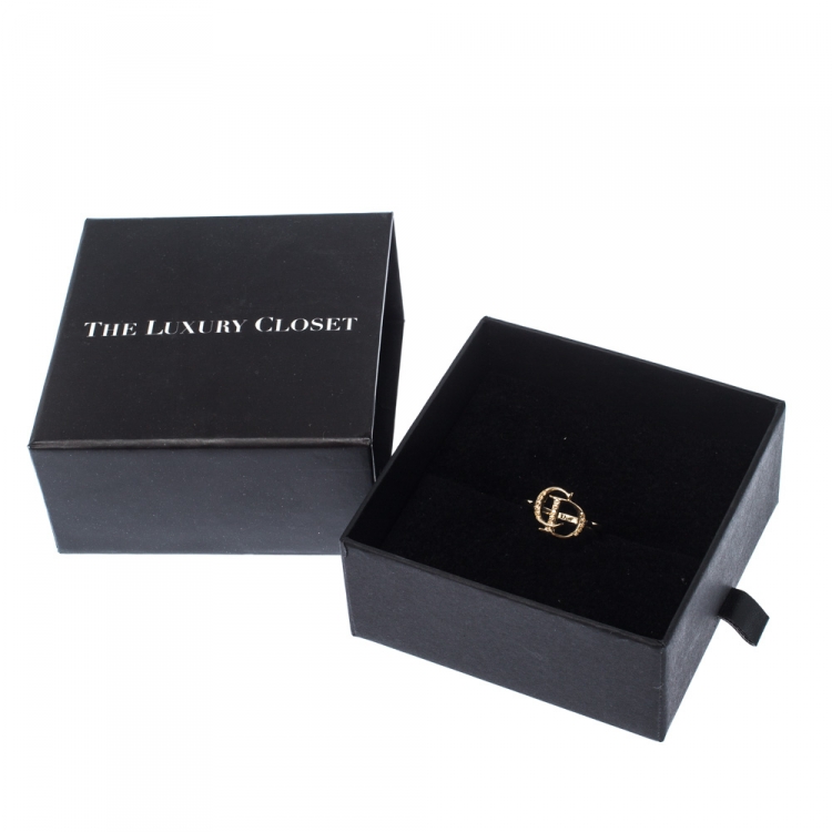 Pre Owned Dior Gold Tone Crystal Embedded Logo Ring Size 55