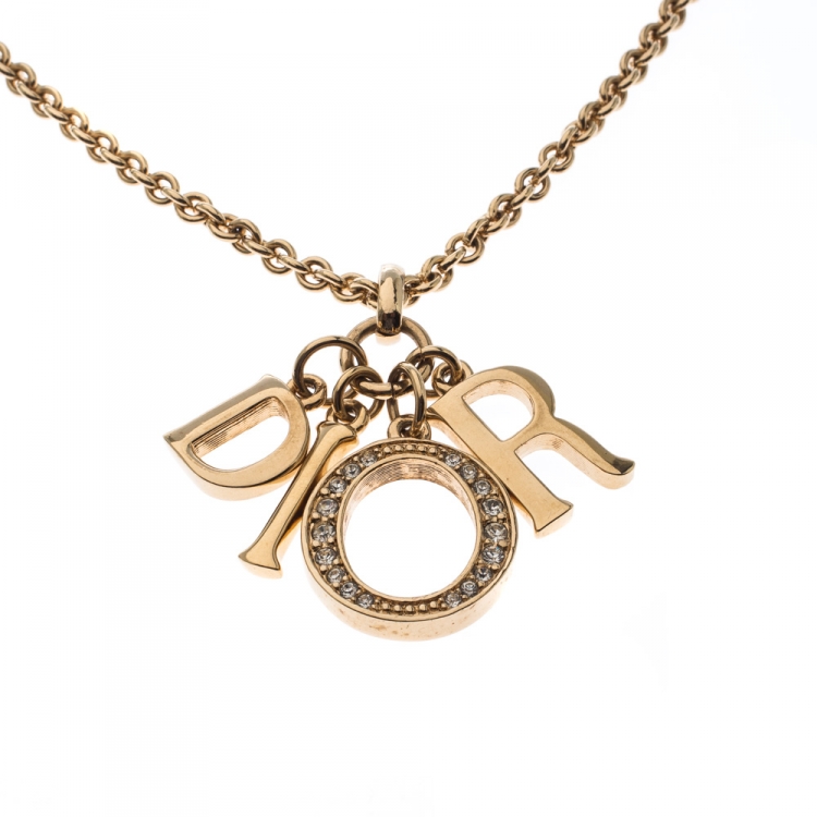 Dior Letter Charm Crystal Gold Tone Pendant Necklace Dior