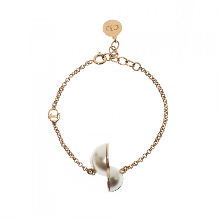 Pre Owned Dior CD Half Faux Pearl Gold Tone Bracelet 