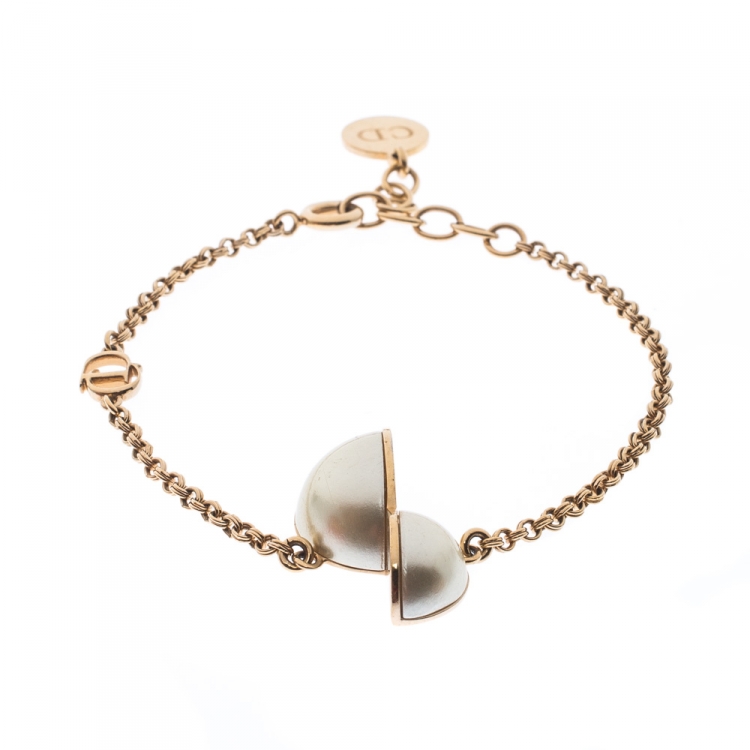 Pre Owned Dior CD Half Faux Pearl Gold Tone Bracelet 