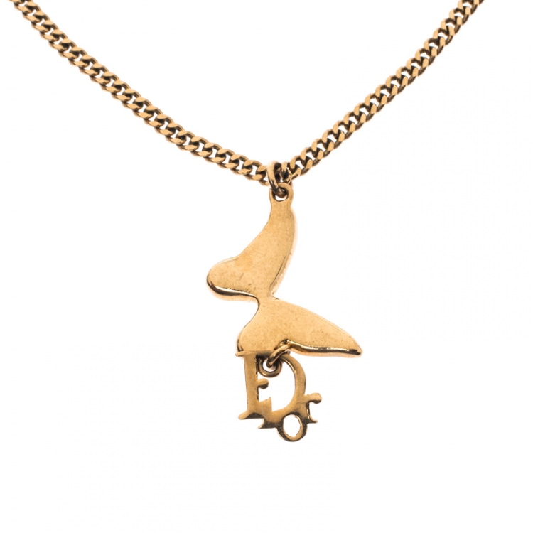 Pre Owned Dior Butterfly Charm Gold Tone Chain Link Necklace