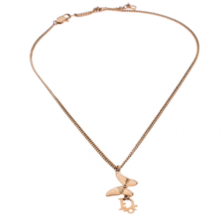 Pre Owned Dior Butterfly Charm Gold Tone Chain Link Necklace