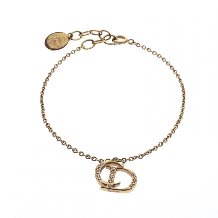 Pre Owned Dior CD Logo Crystal Gold Tone Charm Bracelet