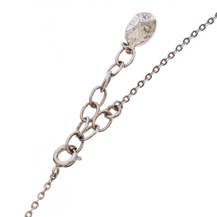 Pre Owned Dior Silver Tone Crystal Accented Logo Pendant Necklace