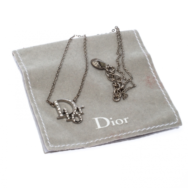 Pre Owned Dior Silver Tone Crystal Accented Logo Pendant Necklace
