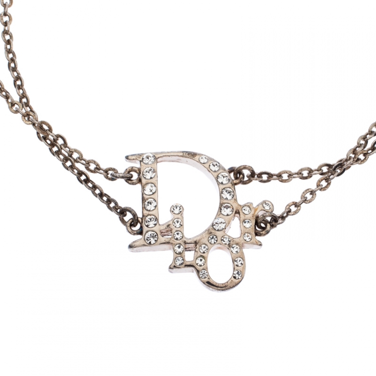 Pre Owned Dior Silver Tone Crystal Embellished Logo Layered Bracelet