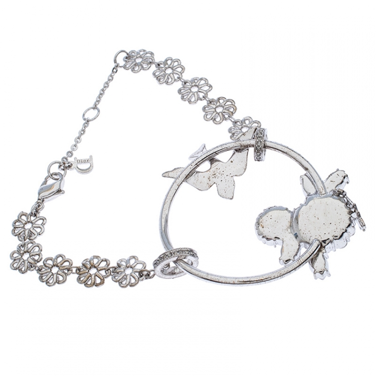 Pre Owned Dior Silver Tone Crystal Embellished Swallow Charm Bracelet
