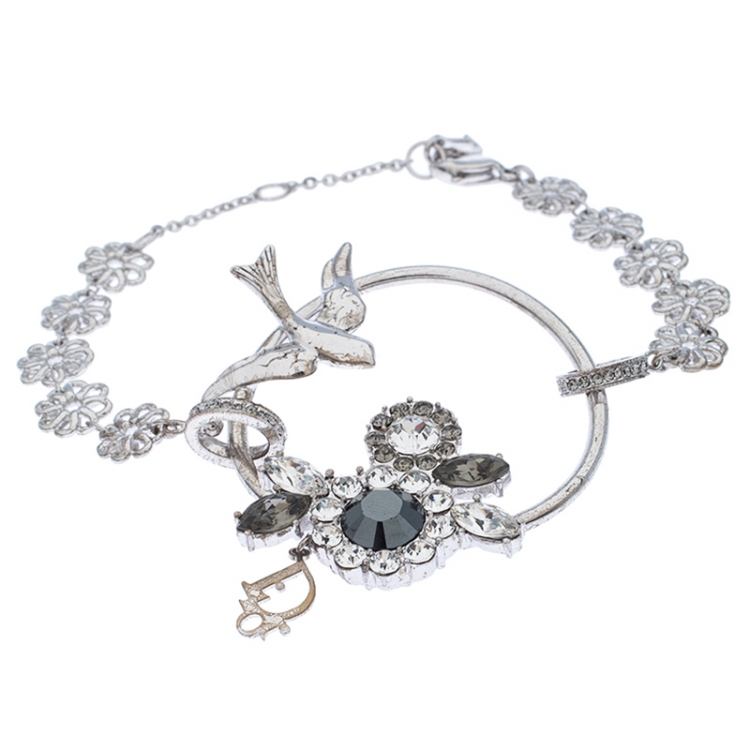 Pre Owned Dior Silver Tone Crystal Embellished Swallow Charm Bracelet
